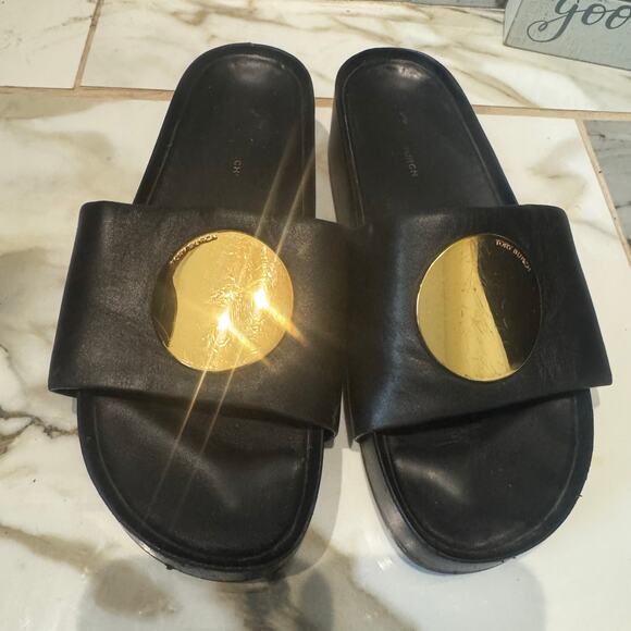 Tory Burch Women’s Patos Platform Sandals Slides w/ Gold Medallion Sz 9 Leather - Picture 1 of 13
